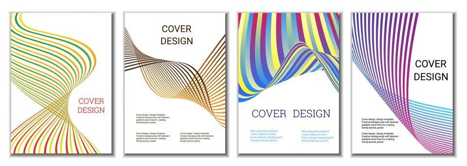 A set of 4 abstract covers. Wavy parallel gradient lines, ribbons evolve. Cov Illustrazione stock
