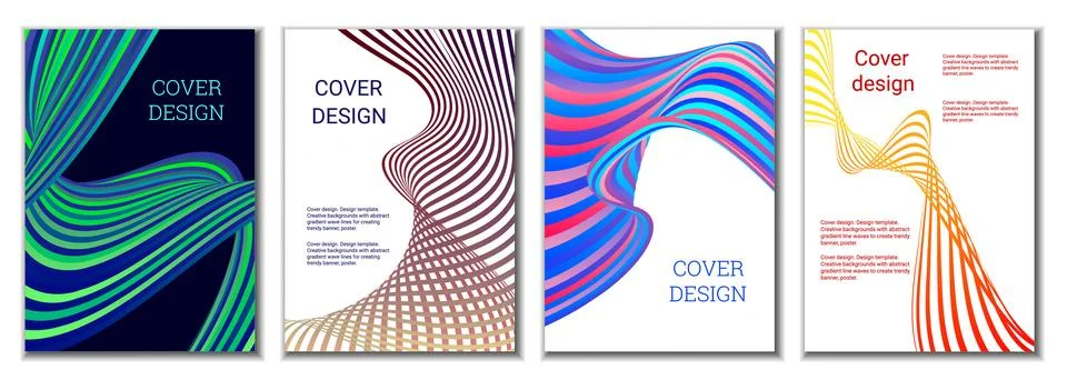 A set of 4 abstract covers. Wavy parallel gradient lines, ribbons evolve. Cov Stockillustratie