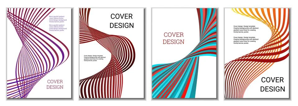 A set of 4 abstract covers. Wavy parallel gradient lines, ribbons evolve. Cov Stock Illustration