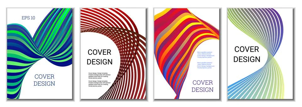 A set of 4 abstract covers. Wavy parallel gradient lines, ribbons evolve. Cov Stock Illustration
