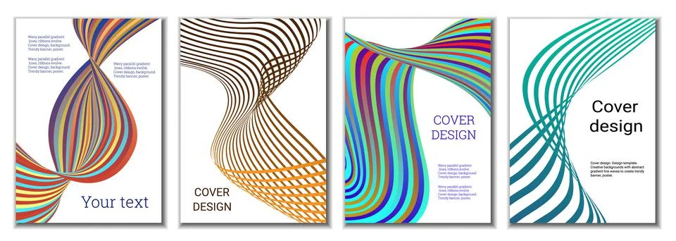 A set of 4 abstract covers. Wavy parallel gradient lines, ribbons evolve. Cov Stock Illustration
