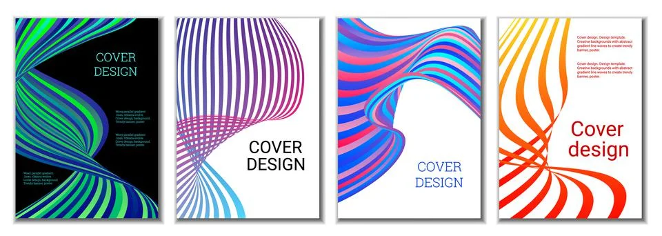A set of 4 abstract covers. Wavy parallel gradient lines, ribbons evolve. Cov Stock Illustration