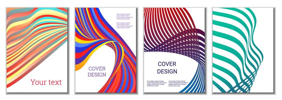 A set of 4 abstract covers. Wavy parallel gradient lines, ribbons evolve. Cov Stockillustratie