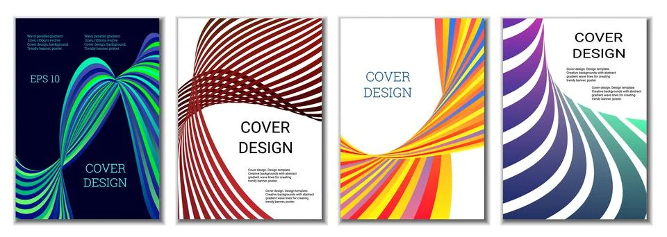 A set of 4 abstract covers. Wavy parallel gradient lines, ribbons evolve. Cov Иллюстрация