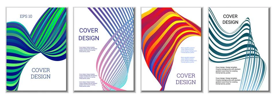 A set of 4 abstract covers. Wavy parallel gradient lines, ribbons evolve. Cov Stock Illustration