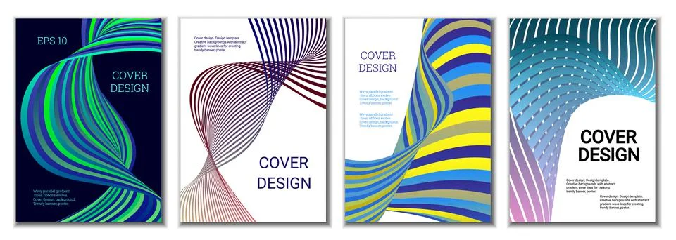 A set of 4 abstract covers. Wavy parallel gradient lines, ribbons evolve. Cov Stock Illustration