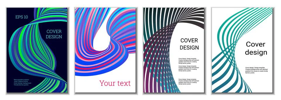 A set of 4 abstract covers. Wavy parallel gradient lines, ribbons evolve. Cov Stock Illustration