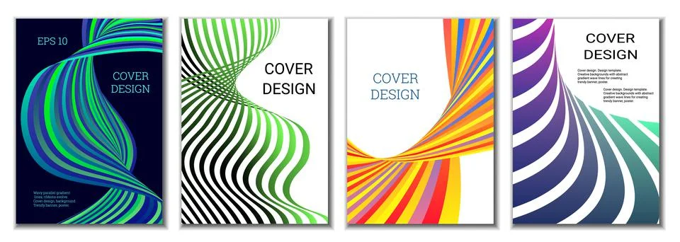 A set of 4 abstract covers. Wavy parallel gradient lines, ribbons evolve. Cov Stock Illustration
