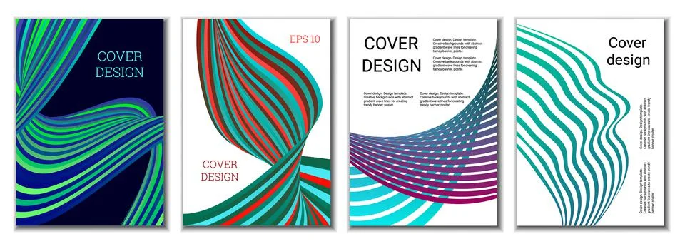 A set of 4 abstract covers. Wavy parallel gradient lines, ribbons evolve. Cov 库存插图