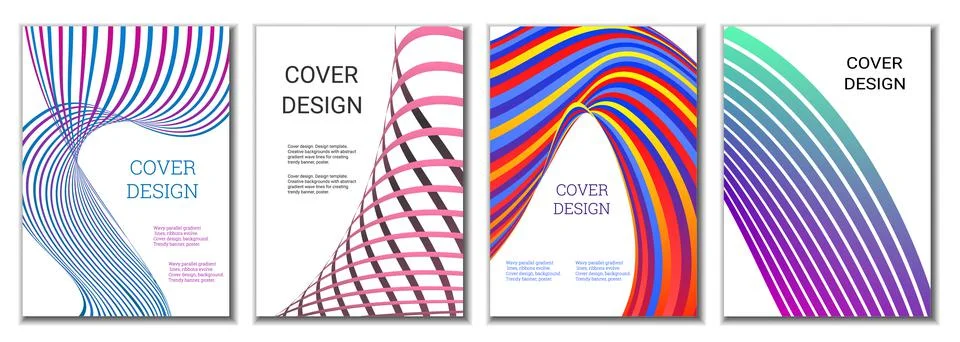 A set of 4 abstract covers. Wavy parallel gradient lines, ribbons evolve. Cov Stock Illustration