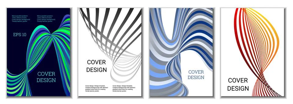 A set of 4 abstract covers. Wavy parallel gradient lines, ribbons evolve. Cov Stockillustratie