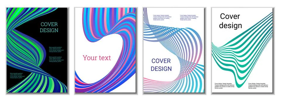 A set of 4 abstract covers. Wavy parallel gradient lines, ribbons evolve. C.. 库存插图