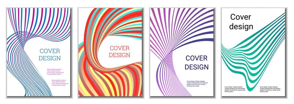 A set of 4 abstract covers. Wavy parallel gradient lines, ribbons evolve. C.. Stock Illustration