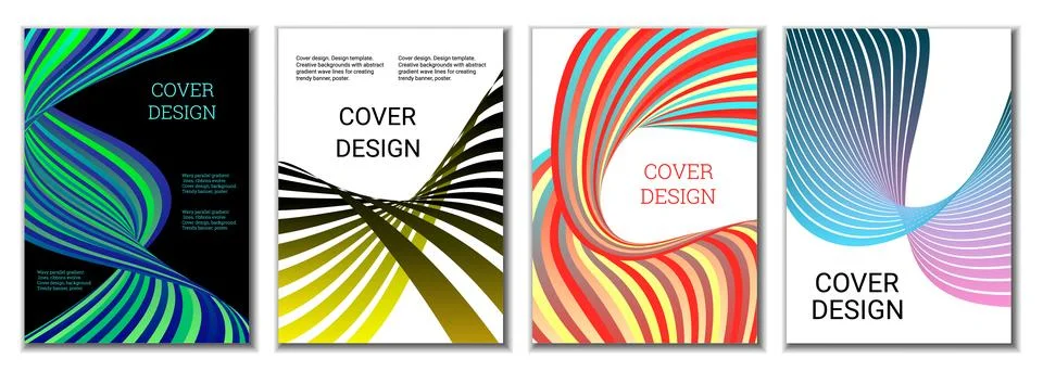 A set of 4 abstract covers. Wavy parallel gradient lines, ribbons evolve. C.. Stock Illustration