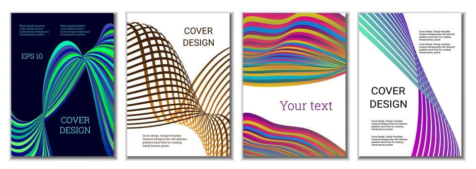 A set of 4 abstract covers. Wavy parallel gradient lines, ribbons evolve. C.. Stockillustratie