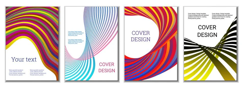 A set of 4 abstract covers. Wavy parallel gradient lines, ribbons evolve. C.. Stock Illustration