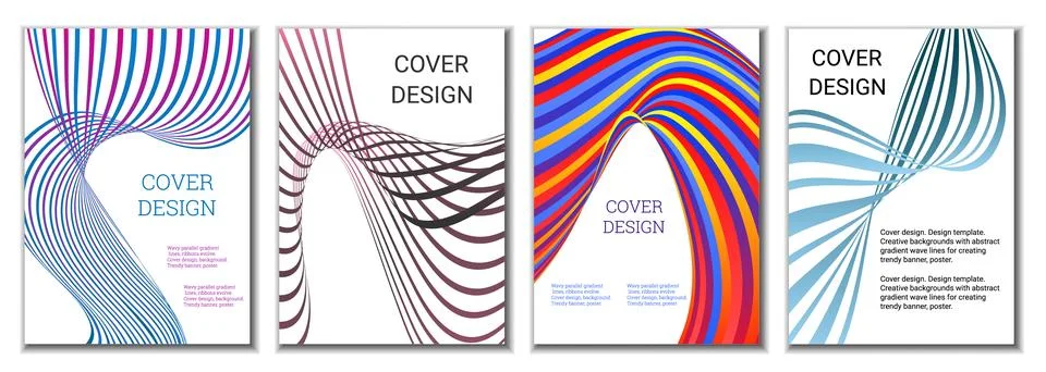 A set of 4 abstract covers. Wavy parallel gradient lines, ribbons evolve. C.. Stock Illustration