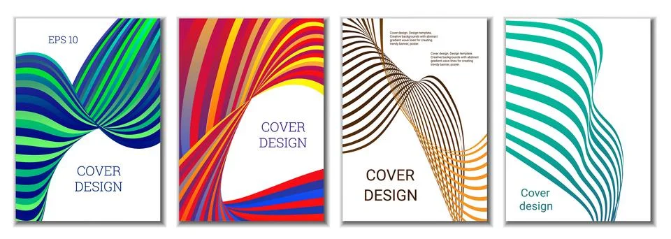 A set of 4 abstract covers. Wavy parallel gradient lines, ribbons evolve. C.. Stock Illustration