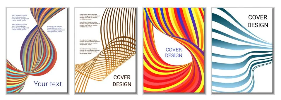 A set of 4 abstract covers. Wavy parallel gradient lines, ribbons evolve. C.. Stock Illustration