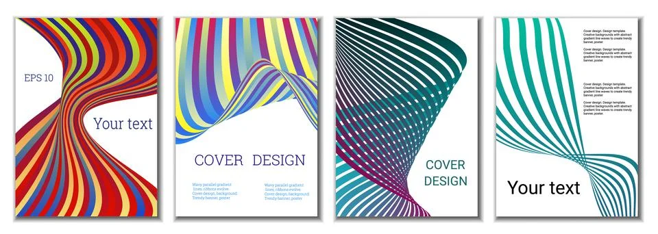A set of 4 abstract covers. Wavy parallel gradient lines, ribbons evolve. C.. Stock Illustration