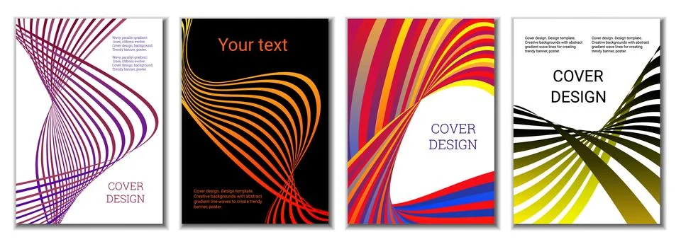A set of 4 abstract covers. Wavy parallel gradient lines, ribbons evolve. C.. Stock Illustration