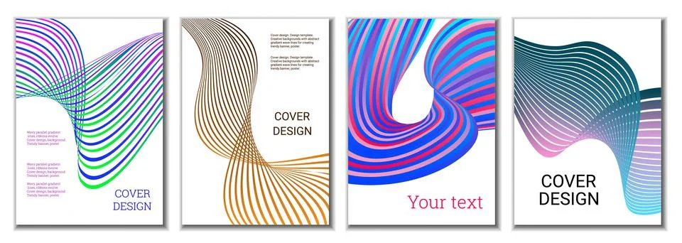 A set of 4 abstract covers. Wavy parallel gradient lines, ribbons evolve. C.. Stock Illustration