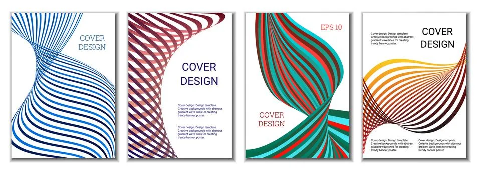A set of 4 abstract covers. Wavy parallel gradient lines, ribbons evolve. C.. Stock Illustration