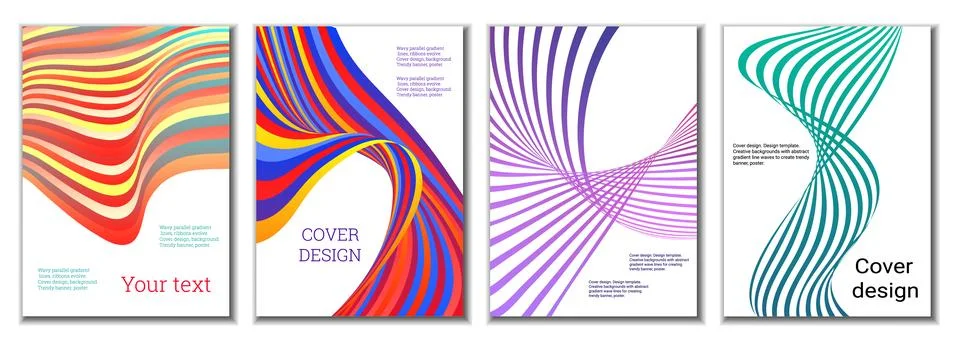 A set of 4 abstract covers. Wavy parallel gradient lines, ribbons evolve. C.. Stock Illustration