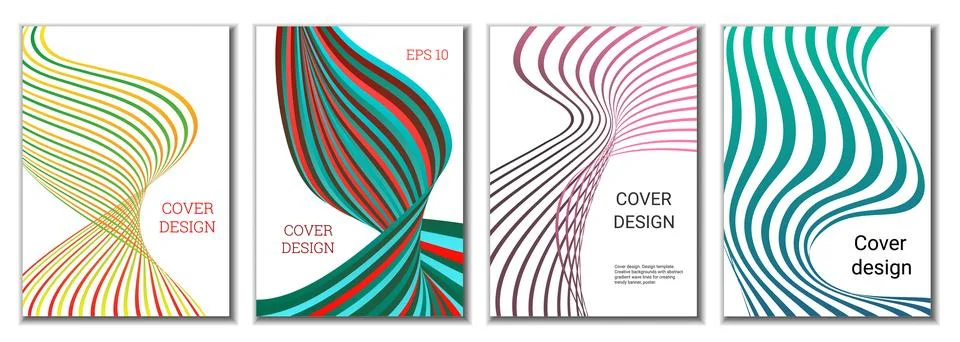 A set of 4 abstract covers. Wavy parallel gradient lines, ribbons evolve. C.. Stockillustratie