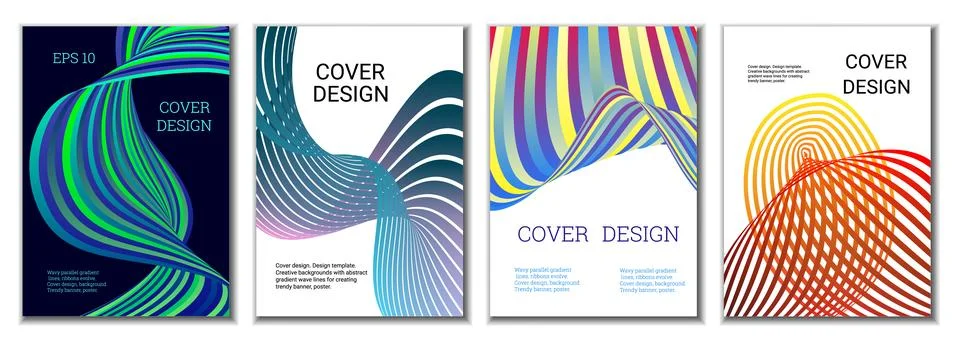 A set of 4 abstract covers. Wavy parallel gradient lines, ribbons evolve. C.. Stock Illustration