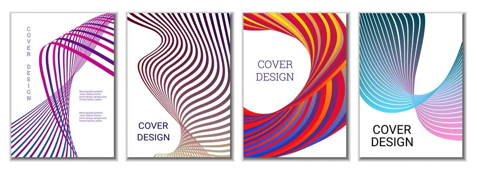 A set of 4 abstract covers. Wavy parallel gradient lines, ribbons evolve. C.. Stock Illustration