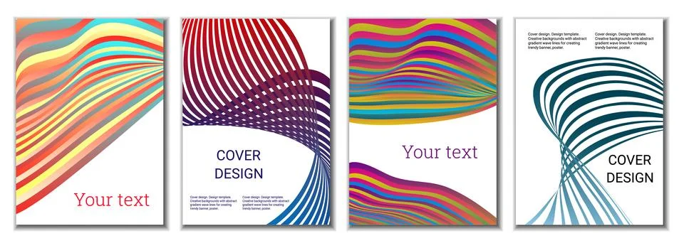 A set of 4 abstract covers. Wavy parallel gradient lines, ribbons evolve. C.. Иллюстрация