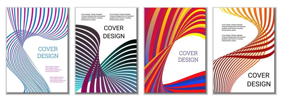 A set of 4 abstract covers. Wavy parallel gradient lines, ribbons evolve. C.. Stockillustratie