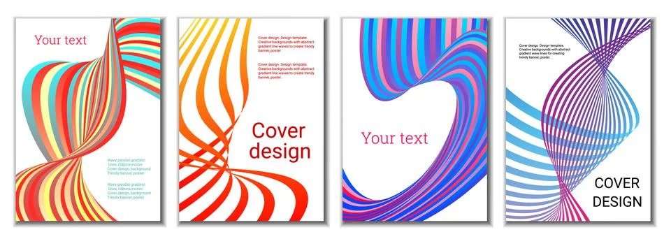 A set of 4 abstract covers. Wavy parallel gradient lines, ribbons evolve. C.. Stock Illustration