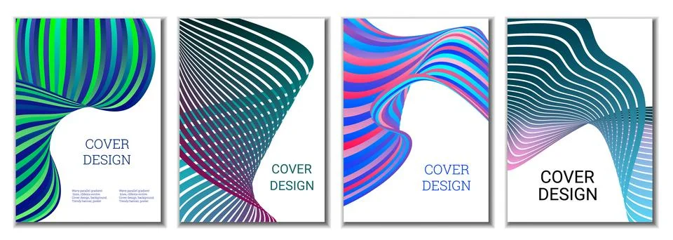 A set of 4 abstract covers. Wavy parallel gradient lines, ribbons evolve. C.. Stock Illustration