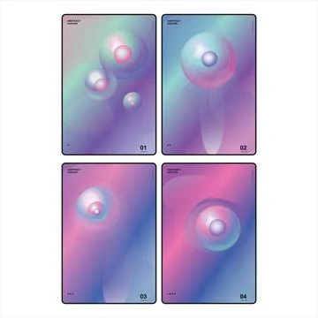 Set of 4 Abstract Iridescent Gradient Posters with Floating 3D Bubbles Stock Illustration