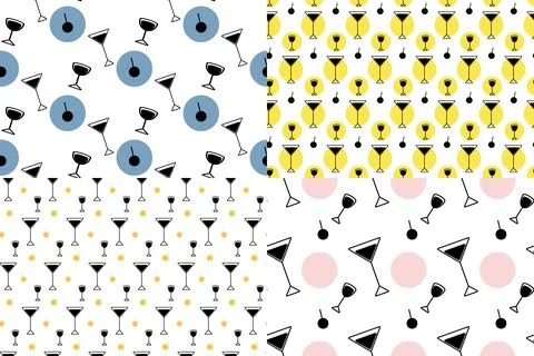 Set of 4 abstract seamless patterns from glasses and spot in trendy hue Illustrazione stock