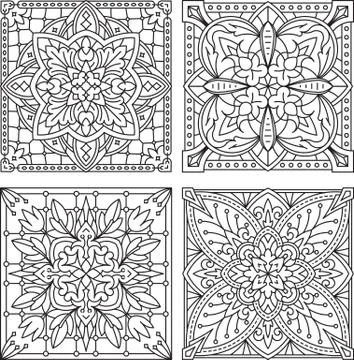 Set of 4 abstract vector black square lace designs in mono line style - manda Ilustración de archivo