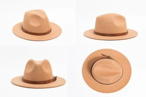 Set of 4 angles stilish brown safari style hat with strap for women, isolated Stock Photos
