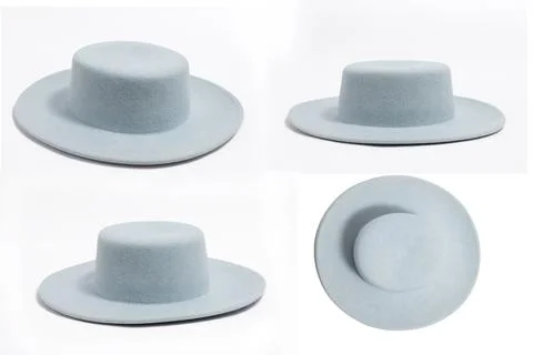 Set of 4 angles Stilish summer blue hat for women, isolated white background Stock Photos