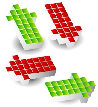 Set of 4 arrow pointing left, right, up, down. 3d arrows made of cubes, block Иллюстрация