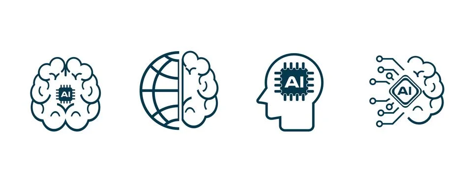 Set of 4 artificial intelligence icons, set of four AI icons, machine learn.. Stock Illustration