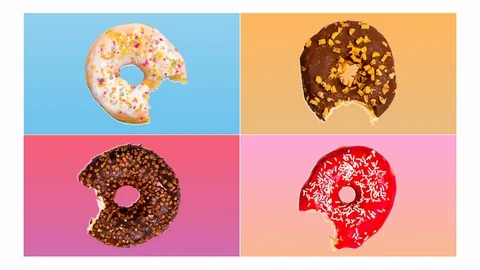 Set of 4 bitten doughnuts sweet food, donut cartoon pop art style. Posterized Stock-Footage 129081311