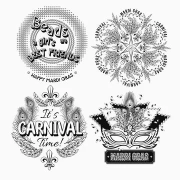 Set of 4 black and white labels with text for carnival Mardi Gras decoration Ilustración de archivo