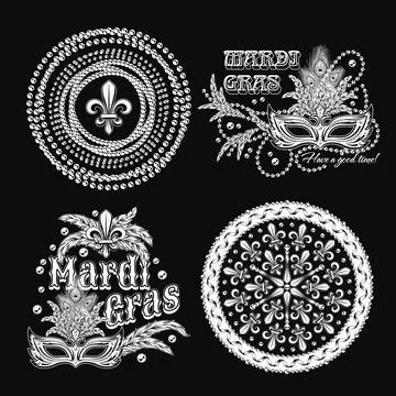 Set of 4 black and white labels with text for carnival Mardi Gras decoration Stock Illustration