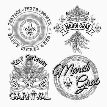 Set of 4 black and white labels with text for carnival Mardi Gras decoration Ilustración de archivo