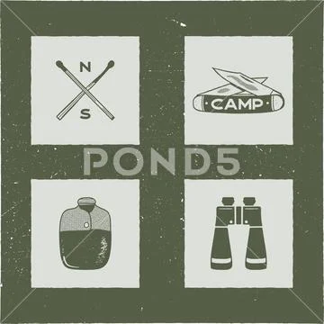 Set of 4 camping silhouette icons and symbols. Hiking equipment elements - Stock Illustration