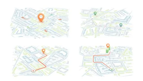 Set of 4 city maps with GPS route and location pin, isometric view, pastel Stock Illustration
