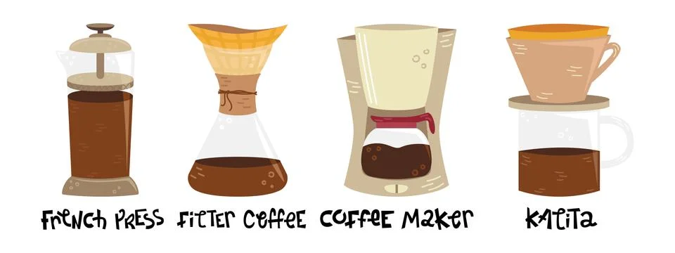 Set of 4 coffee makers for alternative methods of brewing. Coffee culture. Fr Stock Illustration