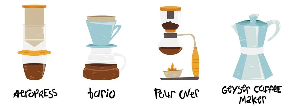 Set of 4 coffee makers for alternative methods of brewing. Coffee culture. Ae Stock-Illustration